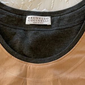 Brunello Cucinelli M never worn silk tan tank top shirt, grey accents.